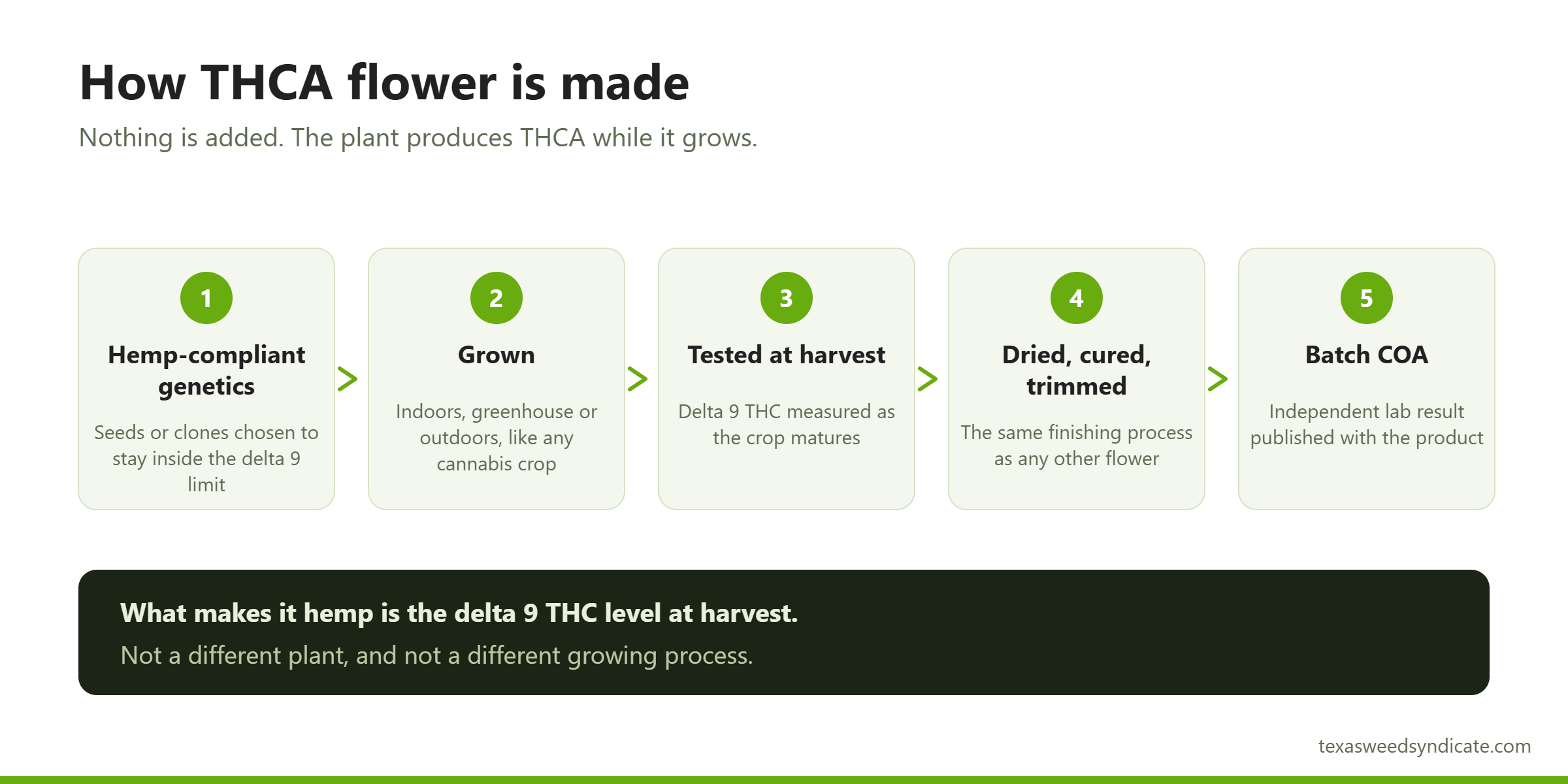Five stage diagram of how THCA flower is grown, tested at harvest, dried, cured and lab tested